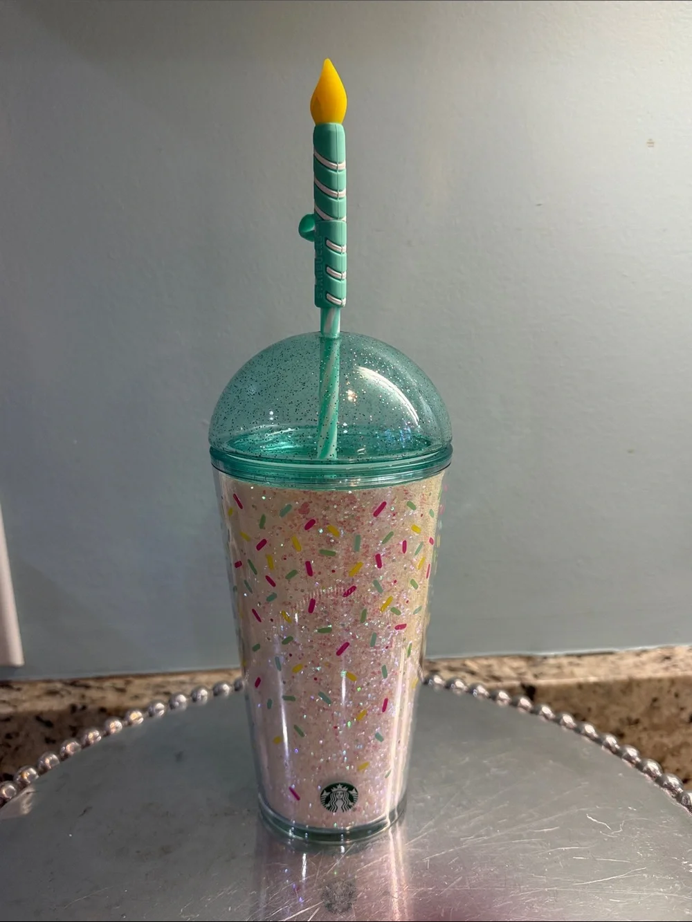 Starbucks Sparkle Confetti Tumbler with Teal Lid and Yellow Candle Straw